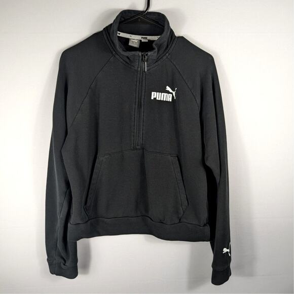 Puma Black Quarter Zip Sweatshirt Women’s Small Logo Pullover Kangaroo Pocket - Picture 1 of 4
